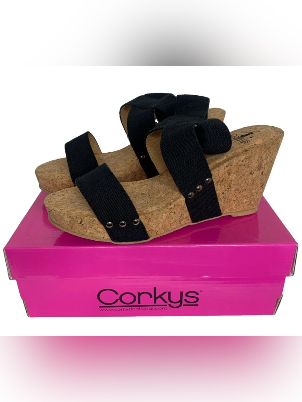 Corky’s Liberty Black Shoes Size 9 Platform Wedge Strappy Cork Sole New In Box